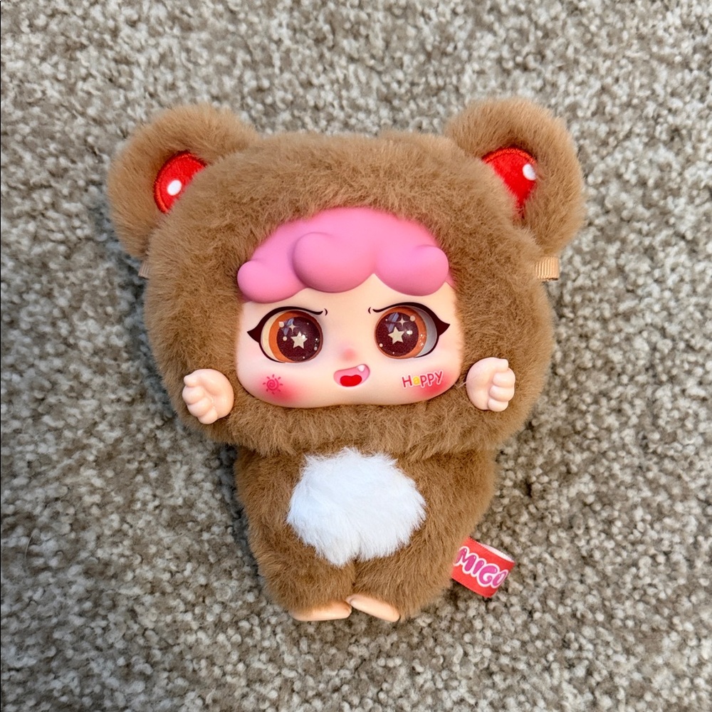 Qtoy Cute Brown Plush Doll with Pink Hair